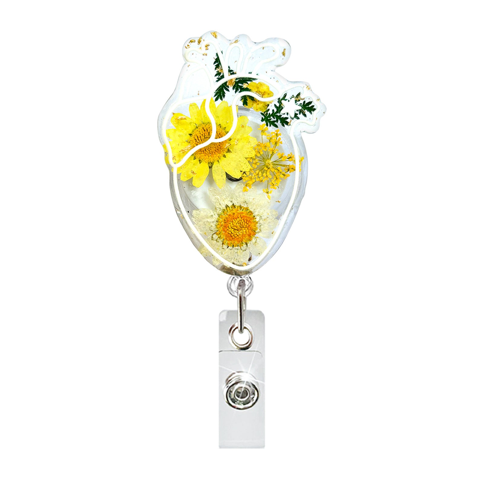 Wholesale Dried Daisy Acrylic Crocodile Clip Badge Scroll Extendable Keychain